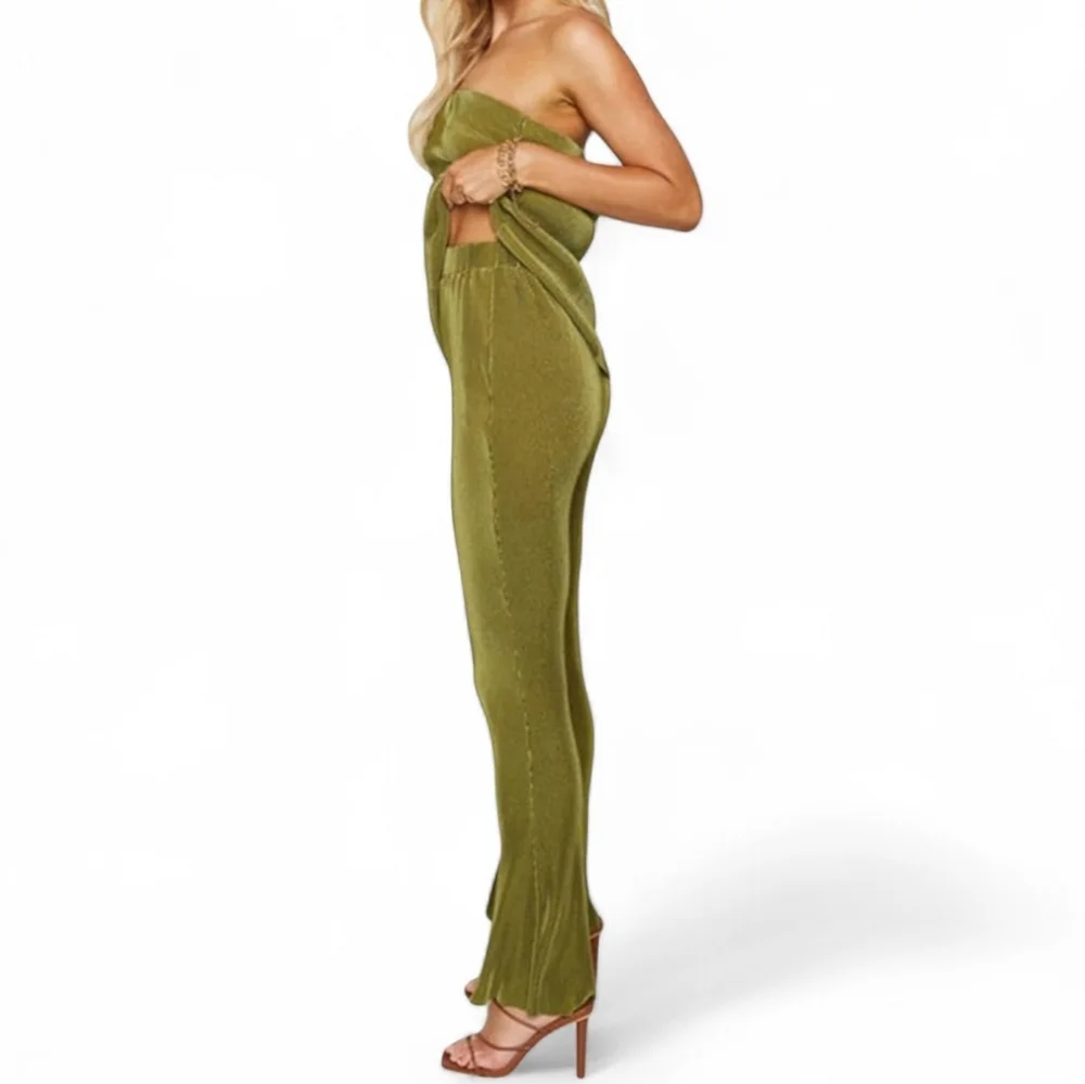 Green Pleated Matching Tube Top And Wide Leg Pants 2PC Set